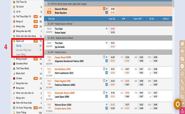 Chọn Quần vợt và tiến hành đặt cược