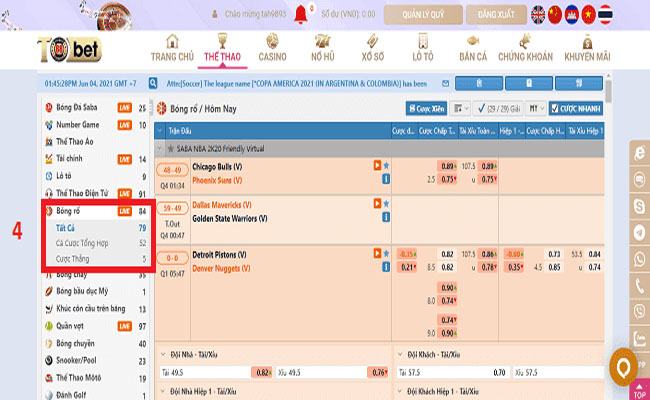 Chọn mục Bóng rổ sau đó tiến hành đặt cược
