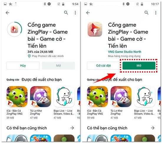 Ấn nút mở để vào game