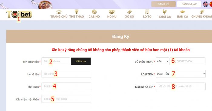 Điền các thông tin đầy đủ để hoàn thành quá trình đăng ký trên tobet88.