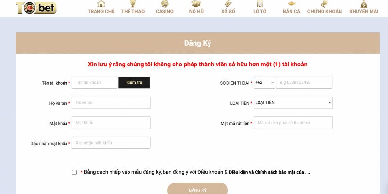 Người chơi đăng kí tài khoản trên website TOBET88