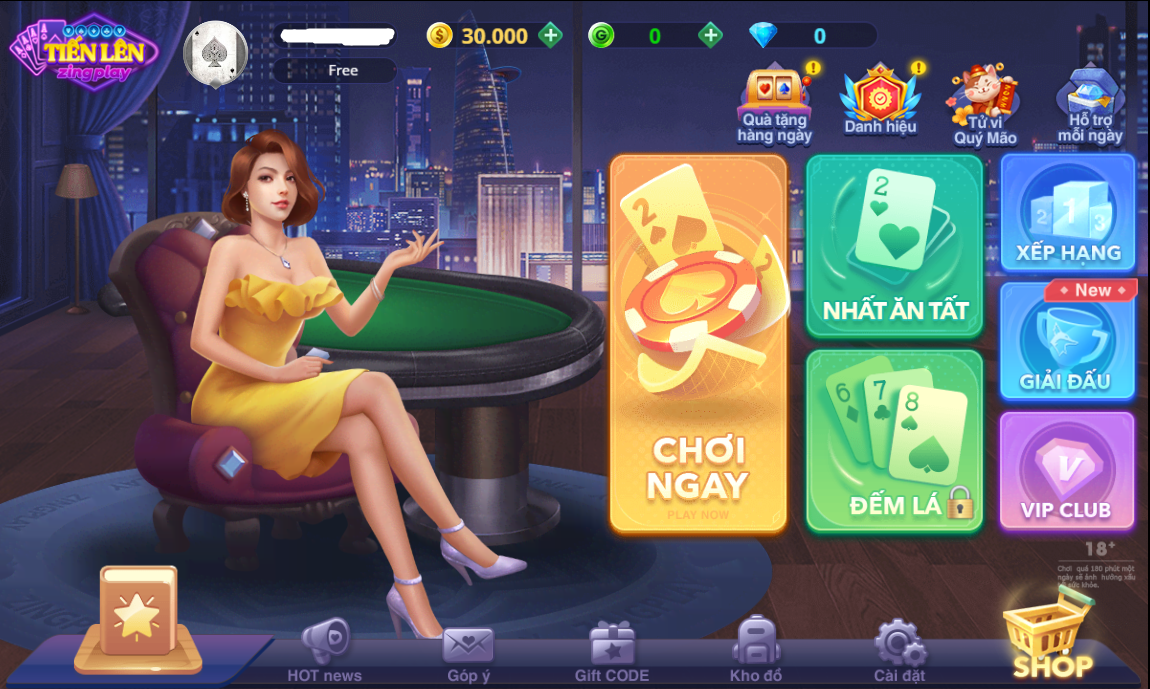 Giao diện game tiến lên miền Nam trên Zingplay