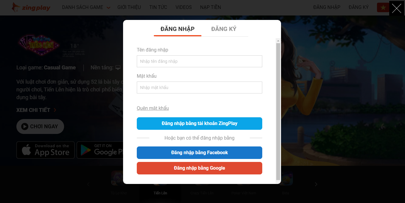 Màn hình đăng nhập Zingplay