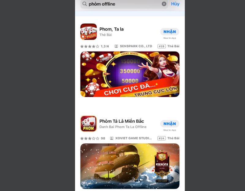 Tìm kiếm game đánh bài Phỏm offline và nhấn Nhận